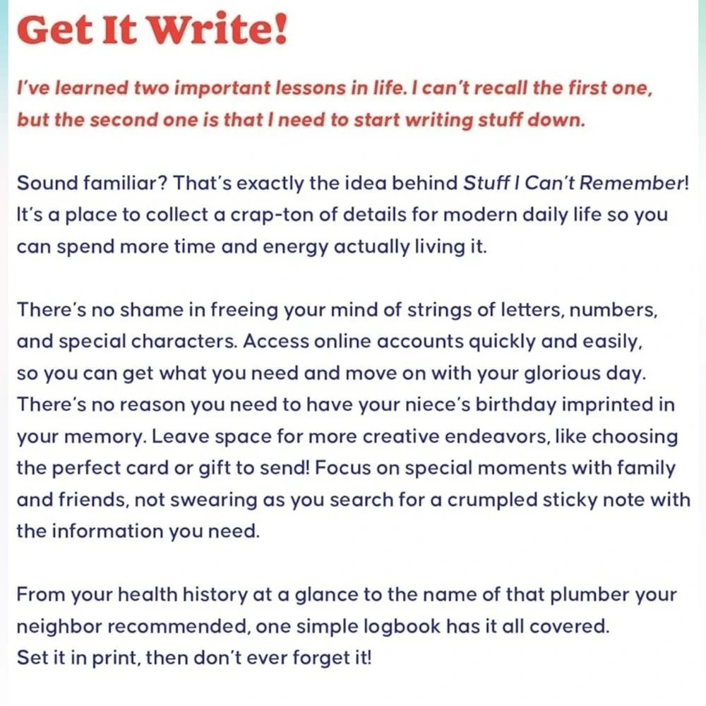 Stuff I Can't Remember, A Personal Organizer for Passwords, Birthdays, & Other..